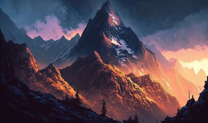  a painting of a mountain range with a sunset in the background.  generative ai