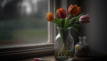  a glass vase filled with orange and pink tulips.  generative ai