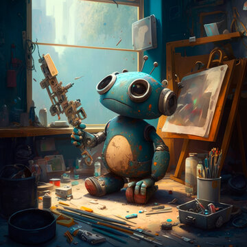 Robot sitting in an art studio. Generative AI. © valentyn640