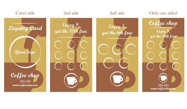 Coffee loyalty card template to print with cup and coffee machine   silhouette. Vector illustration business card template. Buy 9 get the 10th free. Enjoy 5, get the 6th free.