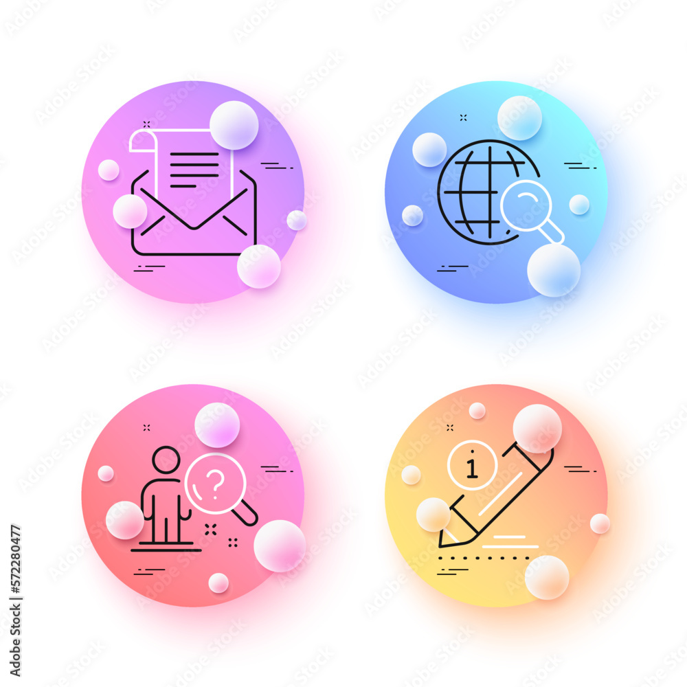 Poster edit, internet search and search employee minimal line icons. 3d spheres or balls buttons. mail news