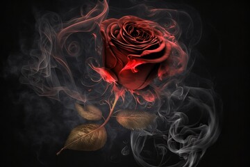 Red rose and swirl smoke around, black background. Artistic flower. Generative AI