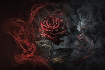 Red rose and swirl smoke around, black background. Artistic flower. Generative AI
