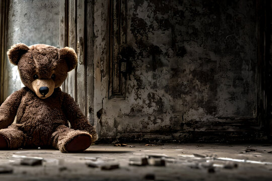 Teddy bear toy sitting alone on the floor in a room of an old abandoned house. Dramatic scary background, copy space for text, darkness horror concept.