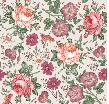 Seamless pattern. Beautiful blooming realistic isolated flowers Vintage background Hibiscus wildflowers. Wallpaper baroque. Drawing engraving sketch Vector victorian style illustration