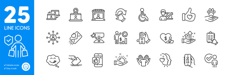 Outline icons set. Heart, Volunteer and Sunny weather icons. Verification person, Info app, Disability web elements. Rotation gesture, Video conference, Yummy smile signs. Outline heart icon. Vector