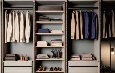 Walk - in closet with clothes and shoes. Generative AI.