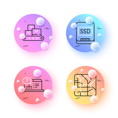 Wholesale goods, Metro map and Ssd minimal line icons. 3d spheres or balls buttons. Online help icons. For web, application, printing. Warehouse belt, Subway transit map, Memory disk. Vector