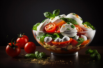 Glass bowl filled with mozzarella, tomatoes and basil. Generative AI.