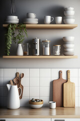 Fototapeta na wymiar Kitchen with wooden shelves and pots and pans. Generative AI.