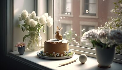  a cake sitting on top of a window sill next to a vase of flowers.  generative ai