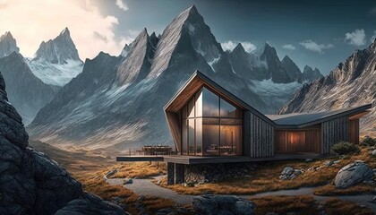  a painting of a cabin in the mountains with a view of the mountains.  generative ai