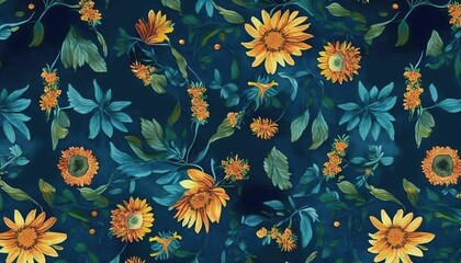 Naklejka na ściany i meble a painting of sunflowers and leaves on a blue background. generative ai