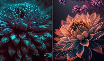  two pictures of flowers with different colors and sizes of petals.  generative ai