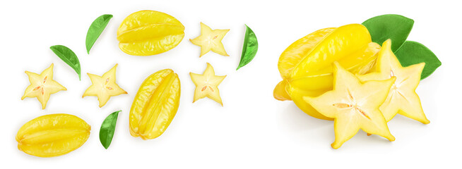 Carambola or star-fruit isolated on white background. Top view. Flat lay