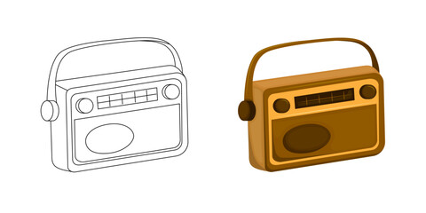 Retro radio tuner. Orange vintage radio tuner on white background. Flat style. Coloring page for children. Contour icon. Kids coloring book for elementary school. Black and white illustration.