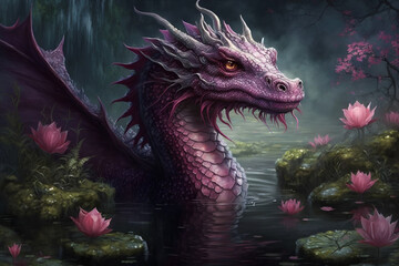dragon in the lake digital artwork. © Illustration