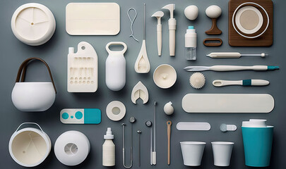  a variety of items are arranged on a gray surface, including toothbrushes, toothpaste, and other items.  generative ai