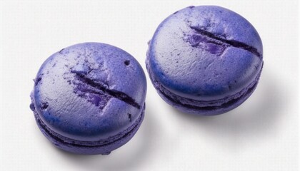 Obraz na płótnie Canvas two purple macaroons with blue icing on a white surface. generative ai