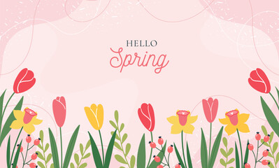 Hello Spring! Vector horizontal spring banner. Floral pink background. Tulips, colorful spring flowers and branches with leaves.