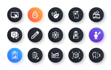 Minimal set of People vaccination, Stress and Pencil flat icons for web development. Seo devices, Recovery data, Augmented reality icons. Checklist, Atom core, Touch screen web elements. Vector