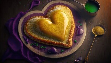 Heart shaped pancake. Mardi Gras. Generative ai.