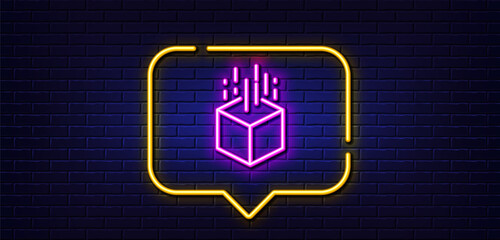 Neon light speech bubble. Augmented reality line icon. VR simulation sign. 3d cube symbol. Neon light background. Augmented reality glow line. Brick wall banner. Vector