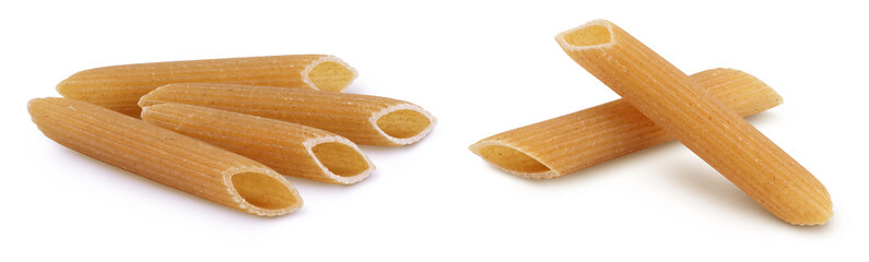Wolegrain penne pasta from durum wheat isolated on white background with full depth of field.