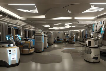 Fototapeta premium Artificial Intelligence (AI) Robot Technology in Hospital for Healthcare and Medical Services. Innovation, doctor, nurse, equipment, examination, clinical, health services