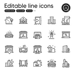 Set of Buildings outline icons. Contains icons as Market, Court building and University campus elements. Buildings, Painter, Entrance web signs. Sports arena, Lighthouse. Outline market icon. Vector