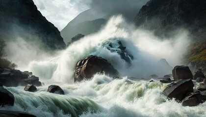 Obraz premium a large body of water surrounded by rocks and mountains in the background. generative ai