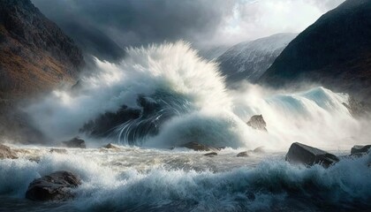  a large body of water surrounded by mountains and rocks in the ocean.  generative ai