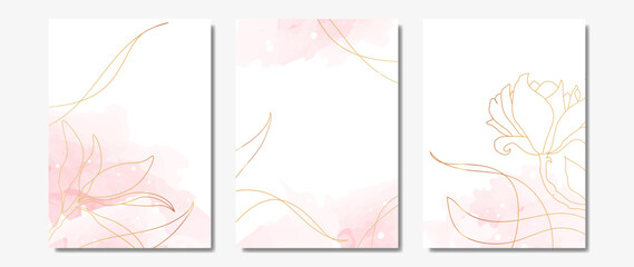 Minimal botanical set of abstract creative universal art templates with golden lines, leaves, flowers and watercolor background. For posters, invitations, covers, banners, brochures.