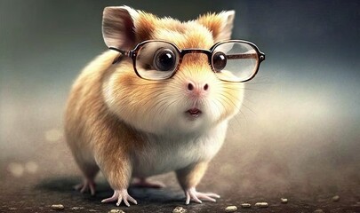  a small rodent wearing glasses on a dark surface with grain scattered around it.  generative ai