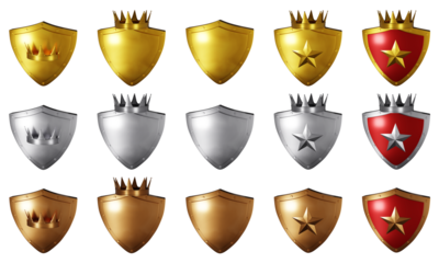 3D silver bronze gold shield, realistic level up game badge set, metal trophy render award kit. Warranty reward medal, knight defence armour, king crown guarantee star emblem. 3D shield medieval asset