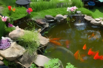 Homemade pond with fish and flowers - generative ai