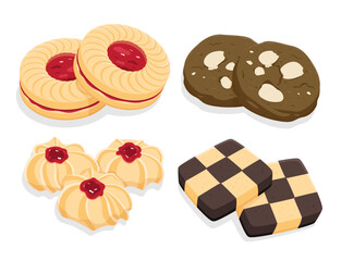 Assorted butter cookies - Jam ring sandwich biscuits, Chocolate almond cookies, Round decorated cookies, Checkerboard cookies