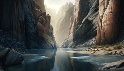  a painting of a canyon with a river running through it.  generative ai
