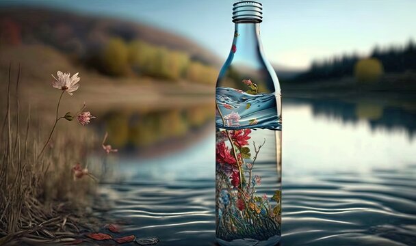  a bottle of water with a picture of flowers in it.  generative ai