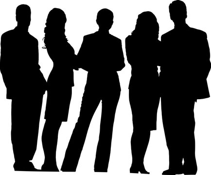 professional man and woman standing in group, group of people at work. Isolated monochrome illustration, a group of standing and walking business people