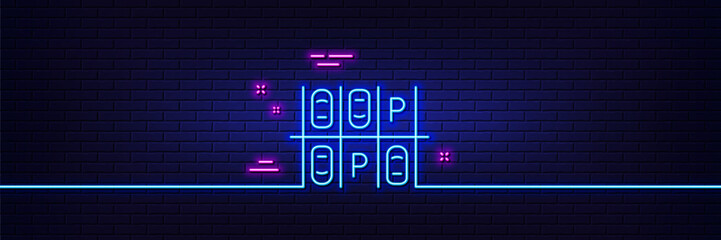 Obraz premium Neon light glow effect. Parking place line icon. Car park sign. Transport symbol. 3d line neon glow icon. Brick wall banner. Parking place outline. Vector