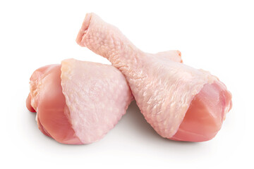 Raw chicken leg or drumstick isolated on white background with full depth of field