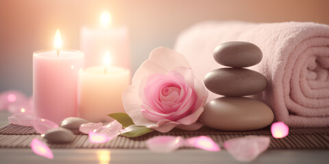 Zen spa relaxation. Ambiance salon de beauté massage. Bannière avec pierres et galets empilés. Bougies et fleurs. Atmosphère calme et reposante. Generative AI