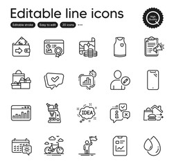 Set of Business outline icons. Contains icons as Treasure map, Shopping and Wallet elements. Megaphone checklist, Idea, Oil drop web signs. Microscope, Travel calendar, Info elements. Vector
