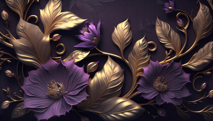 Botanical pattern with purple and golden flower and leaves. Generative AI