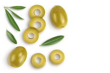 Green olives with leaves isolated on a white background with full depth of field. Top view with copy space for your tex. Flat lay