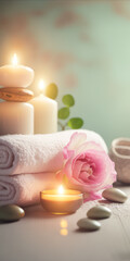 Zen spa relaxation. Ambiance salon de beauté massage. Bannière avec pierres et galets empilés. Bougies et fleurs. Atmosphère calme et reposante. Generative AI - 572288259
