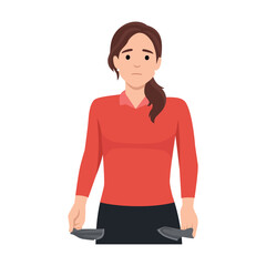 Young woman shows empty pockets. Turned inside out, no money, financial crisis. Flat vector illustration isolated on white background