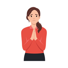 Naklejka na ściany i meble Young woman pathetic expressions forgiveness emotions concept. Young blonde female look holding palms pressed together, asking for forgiveness, feeling sorry.Flat vector illustration isolated 