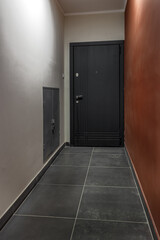 Black new modern entrance doors. Stainless steel door handle.Interior design concept. Entrance door.